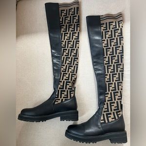 Fendi Logo Stretch-Knit and Leather Over-The-Knee Boots